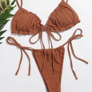 SHEIN Frill Trim Side Bikini - Coffee Brown